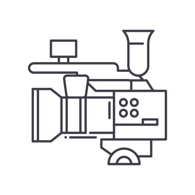 Profesyonel video kamera simgesi, doğrusal izole edilmiş illüstrasyon, ince çizgi vektörü, web tasarım işareti, düzenlenebilir beyaz arkaplan üzerinde çizgi konsept sembolü.