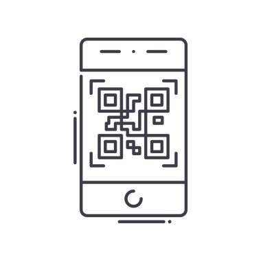 Qr kod akıllı telefon simgesi, doğrusal izole resimleme, ince çizgi vektörü, web tasarım işareti, düzenlenebilir konsept sembolü beyaz arkaplan üzerinde.