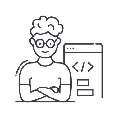 Programcı simgesi, doğrusal izole edilmiş illüstrasyon, ince çizgi vektörü, web tasarım işareti, düzenlenebilir çizgi konsept sembolü beyaz arkaplan üzerinde.