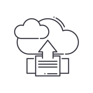 Bulut gönderme süreci simgesi, doğrusal izole resimleme, ince çizgi vektörü, web tasarım işareti, düzenlenebilir konsept sembolü beyaz arkaplan üzerinde.