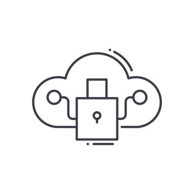 Bulut güvenlik konsepti simgesi, doğrusal izole çizim, ince çizgi vektörü, web tasarım işareti, düzenlenebilir konsept sembolü beyaz arkaplan üzerinde.