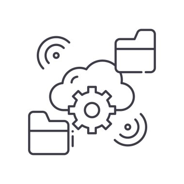 Bulut paylaşım konsepti simgesi, doğrusal izole çizim, ince çizgi vektörü, web tasarım işareti, düzenlenebilir konsept sembolü beyaz arkaplan üzerinde.