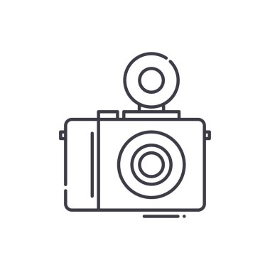 Flaş ikonlu kompakt kamera, doğrusal izole resimleme, ince çizgi vektörü, web tasarım işareti, düzenlenebilir konsept sembolü beyaz arkaplan üzerinde.