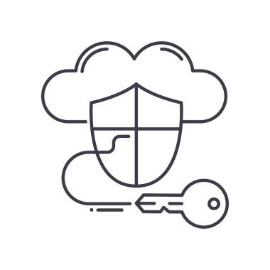 Bulut koruma simgesi, doğrusal izole edilmiş illüstrasyon, ince çizgi vektörü, web tasarım işareti, düzenlenebilir beyaz arkaplan üzerinde çizgi konsept sembolü.