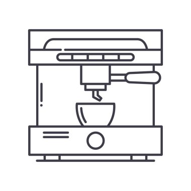 Kahve makinesi konsepti ikonu, doğrusal izole çizim, ince çizgi vektörü, web tasarım işareti, düzenlenebilir konsept sembolü beyaz arkaplan üzerinde.