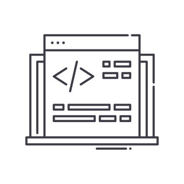 Kodlama süreci simgesi, doğrusal izole resimleme, ince çizgi vektörü, web tasarım işareti, düzenlenebilir çizgi konsept sembolü beyaz arkaplan üzerinde.