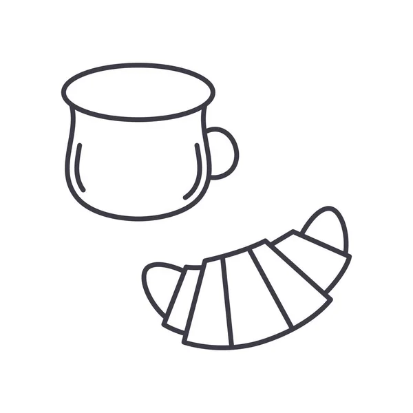 Icono de café y croissant, ilustración lineal aislada, vector de línea delgada, signo de diseño web, símbolo de concepto de contorno con trazo editable sobre fondo blanco. — Archivo Imágenes Vectoriales