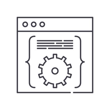 Kod yazılım simgesi, doğrusal izole resimleme, ince çizgi vektörü, web tasarım işareti, düzenlenebilir çizgi konsept sembolü beyaz arkaplan üzerinde.