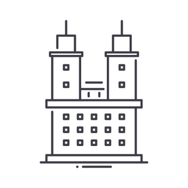 Kule binası simgesi, doğrusal izole resimleme, ince çizgi vektörü, web tasarım işareti, düzenlenebilir konsept sembolü beyaz arkaplan üzerinde.