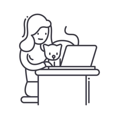 Kadın ev ikonunda çalışıyor, doğrusal izole çizim, ince çizgi vektörü, web tasarım işareti, düzenlenebilir konsept sembolü beyaz arkaplanda..