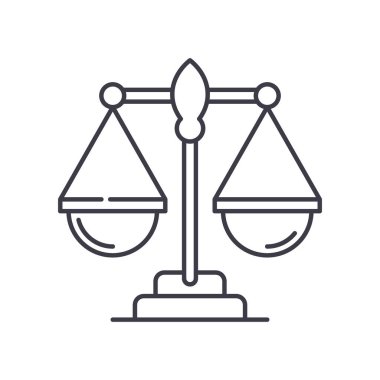 Hukuk ölçekli resim simgesi, doğrusal izole edilmiş illüstrasyon, ince çizgi vektörü, web tasarım işareti, düzenlenebilir beyaz arkaplan üzerinde çizgi konsept sembolü.