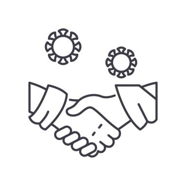 Covid el sıkışma simgesi, doğrusal izole çizim, ince çizgi vektörü, web tasarım işareti, düzenlenebilir konsept sembolü beyaz arkaplan üzerinde.