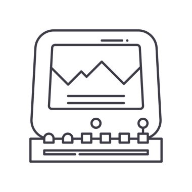 Bilgisayar makinesi simgesi, doğrusal izole edilmiş illüstrasyon, ince çizgi vektörü, web tasarım işareti, düzenlenebilir beyaz arkaplan üzerinde çizgi konsept sembolü.
