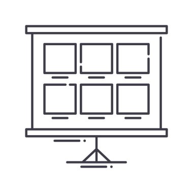 Storyboard işlem simgesi, doğrusal izole edilmiş illüstrasyon, ince çizgi vektörü, web tasarım işareti, düzenlenebilir beyaz arkaplan üzerinde çizgi konsept sembolü.