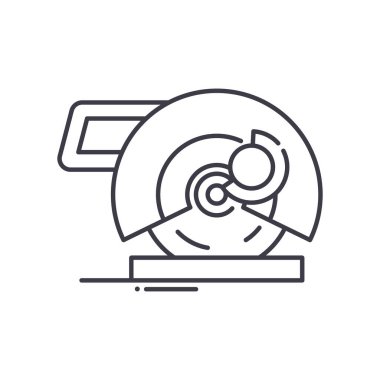 Çelik kesme makine konsepti simgesi, doğrusal izole çizim, ince çizgi vektörü, web tasarım işareti, düzenlenebilir konsept sembolü beyaz arkaplan üzerinde.