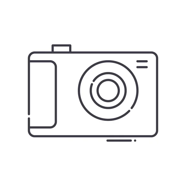 Icona della fotocamera da viaggio, illustrazione lineare isolata, vettore linea sottile, segno di progettazione web, simbolo del concetto di contorno con tratto modificabile su sfondo bianco. — Vettoriale Stock