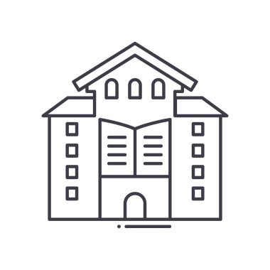 Okul binası simgesi, doğrusal izole edilmiş illüstrasyon, ince çizgi vektörü, web tasarım işareti, düzenlenebilir çizgi konsept sembolü beyaz arkaplan üzerinde.