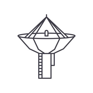 Uydu anten simgesi, doğrusal izole edilmiş illüstrasyon, ince çizgi vektörü, web tasarım işareti, düzenlenebilir beyaz arkaplan üzerinde çizgi konsept sembolü.