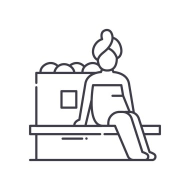 Sauna kişi simgesi, doğrusal izole resimleme, ince çizgi vektörü, web tasarım işareti, düzenlenebilir konsept sembolü beyaz arkaplan üzerinde.