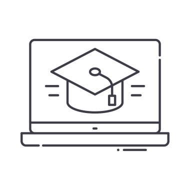 Simge öğrenme, doğrusal izole resimleme, ince çizgi vektörü, web tasarım işareti, düzenlenebilir çizgi konsept sembolü beyaz arkaplan üzerinde.