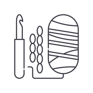 Örgü kancası ve iplik simgesi, doğrusal izole edilmiş illüstrasyon, ince çizgi vektörü, web tasarım işareti, düzenlenebilir konsept sembolü beyaz arkaplan üzerinde.