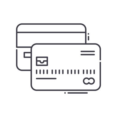 Kredi kartı simgesi, doğrusal izole resimleme, ince çizgi vektörü, web tasarım işareti, düzenlenebilir konsept sembolü beyaz arkaplan üzerinde.