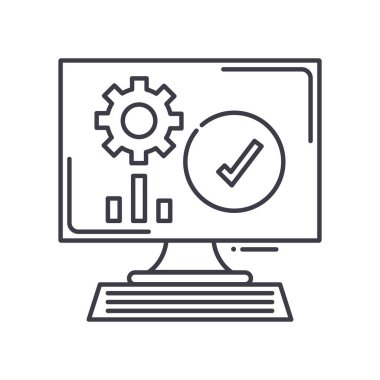 Veri araştırma konsepti simgesi, doğrusal izole çizim, ince çizgi vektörü, web tasarım işareti, düzenlenebilir konsept sembolü beyaz arkaplan üzerinde.