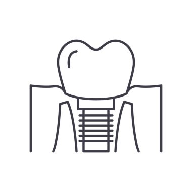 Diş implantı simgesi, doğrusal izole edilmiş illüstrasyon, ince çizgi vektörü, web tasarım işareti, beyaz arkaplanda düzenlenebilir vuruşlu taslak konsept sembolü.