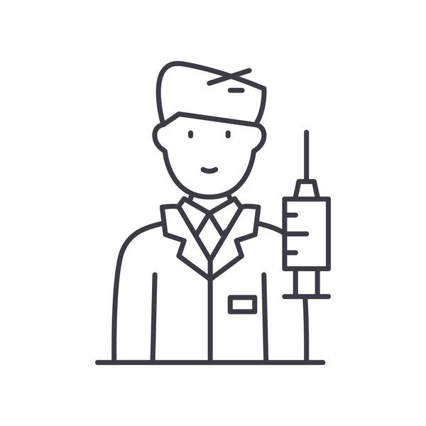 Doctor met spuit pictogram, lineaire geïsoleerde illustratie, dunne lijn vector, web design teken, schets concept symbool met bewerkbare slag op witte achtergrond. — Stockvector