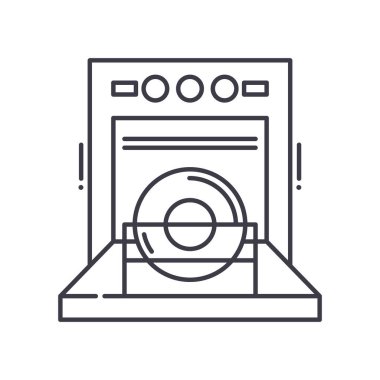 Bulaşık makinesi simgesi, doğrusal izole resimleme, ince çizgi vektörü, web tasarım işareti, düzenlenebilir konsept sembolü beyaz arkaplanda..
