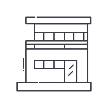 Tahliye simgesi, doğrusal izole edilmiş illüstrasyon, ince çizgi vektörü, web tasarım işareti, düzenlenebilir beyaz arkaplan üzerinde çizgi konsept sembolü.