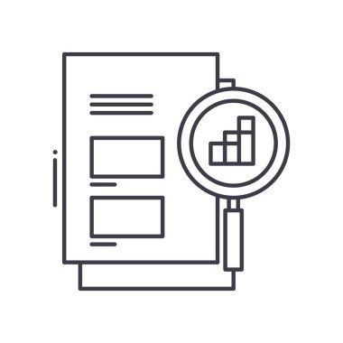 Pazar magnifer simgesi, doğrusal izole edilmiş illüstrasyon, ince çizgi vektörü, web tasarım işareti, düzenlenebilir beyaz arkaplan üzerinde çizgi konsept sembolü.