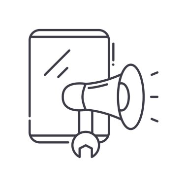 Pazarlama aracı konsepti simgesi, doğrusal izole resimleme, ince çizgi vektörü, web tasarım işareti, düzenlenebilir konsept sembolü beyaz arkaplan üzerinde.