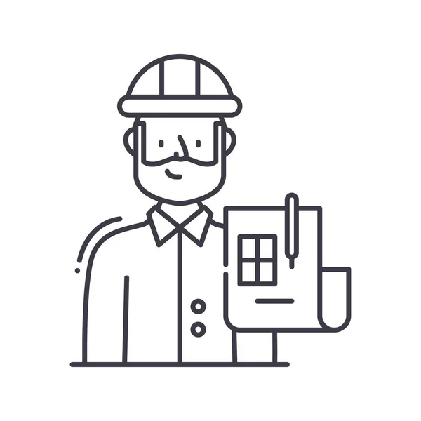 Icono de hombre ingeniero, ilustración aislada lineal, vector de línea delgada, signo de diseño web, símbolo de concepto de contorno con trazo editable sobre fondo blanco. — Vector de stock