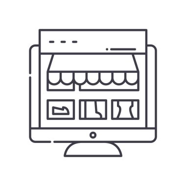 Elektronik mağaza önü simgesi, doğrusal izole edilmiş illüstrasyon, ince çizgi vektörü, web tasarım işareti, düzenlenebilir konsept sembolü beyaz arkaplan üzerinde.