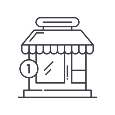 Pazar mağaza simgesi, doğrusal izole resimleme, ince çizgi vektörü, web tasarım işareti, düzenlenebilir çizgi konsept sembolü beyaz arkaplan üzerinde.