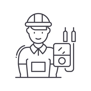 Elektrikçi adam simgesi, doğrusal izole edilmiş illüstrasyon, ince çizgi vektörü, web tasarım işareti, düzenlenebilir konsept sembolü beyaz arkaplan üzerinde..