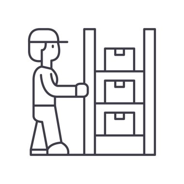 Depo çalışması simgesi, doğrusal izole edilmiş illüstrasyon, ince çizgi vektörü, web tasarım işareti, düzenlenebilir çizgi konsept sembolü beyaz arkaplan üzerinde.