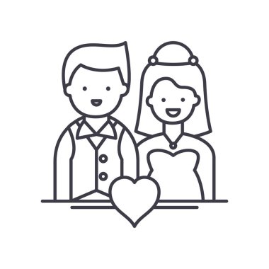 Düğün çifti simgesi, doğrusal izole resimleme, ince çizgi vektörü, web tasarım işareti, düzenlenebilir konsept sembolü beyaz arkaplan üzerinde.