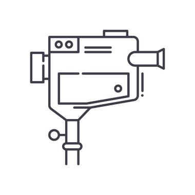 Video kamera konsepti simgesi, doğrusal izole resimleme, ince çizgi vektörü, web tasarım işareti, düzenlenebilir konsept sembolü beyaz arkaplan üzerinde.