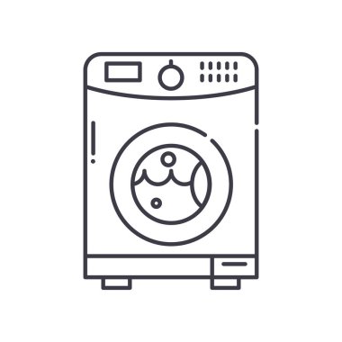 Çamaşır makinesi resim simgesi, doğrusal izole edilmiş illüstrasyon, ince çizgi vektörü, web tasarım işareti, düzenlenebilir beyaz arkaplan üzerinde çizgi konsept sembolü.
