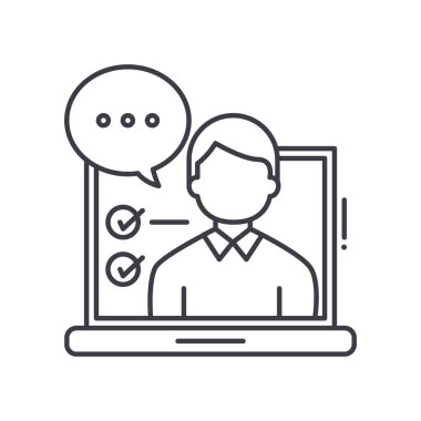 Video röportajı simgesi, doğrusal izole edilmiş illüstrasyon, ince çizgi vektörü, web tasarım işareti, düzenlenebilir çizgi konsept sembolü beyaz arkaplan üzerinde.