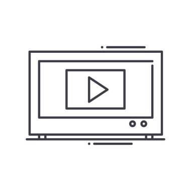 Televizyon reklam simgesi, doğrusal izole edilmiş illüstrasyon, ince çizgi vektörü, web tasarım işareti, düzenlenebilir beyaz arkaplan üzerinde çizgi konsept sembolü.