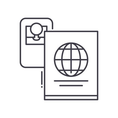 Pasaport kimlik kartı simgesi, doğrusal izole edilmiş illüstrasyon, ince çizgi vektörü, web tasarım işareti, düzenlenebilir beyaz arkaplan üzerinde çizgi konsept sembolü.