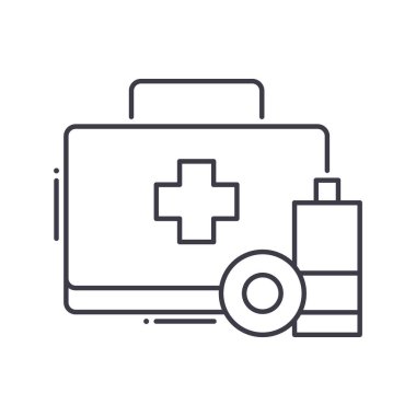 İlk yardım kiti simgesi, doğrusal izole resimleme, ince çizgi vektörü, web tasarım işareti, düzenlenebilir çizgi konsept sembolü beyaz arkaplan üzerinde.