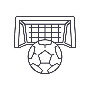 Futbol gol konsepti ikonu, doğrusal izole edilmiş illüstrasyon, ince çizgi vektörü, web tasarım işareti, düzenlenebilir beyaz arkaplan üzerinde çizgi konsept sembolü.