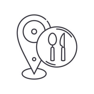 Gıda konumu simgesi, doğrusal izole edilmiş illüstrasyon, ince çizgi vektörü, web tasarım işareti, beyaz arkaplanda düzenlenebilir inme ile ana konsept sembolü.