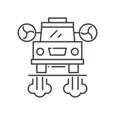 Uçan araba simgesi, doğrusal izole edilmiş illüstrasyon, ince çizgi vektörü, web tasarım işareti, düzenlenebilir çizgi konsept sembolü beyaz arkaplan üzerinde.