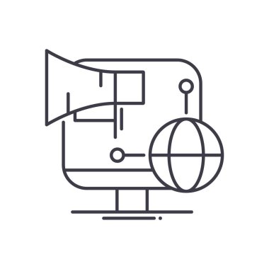 Küresel pazarlama yönetim simgesi, doğrusal izole edilmiş illüstrasyon, ince çizgi vektörü, web tasarım işareti, düzenlenebilir beyaz arkaplan üzerinde çizgi konsept sembolü.
