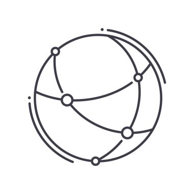 Küresel bağlantı konsepti simgesi, doğrusal izole resimleme, ince çizgi vektörü, web tasarım işareti, düzenlenebilir konsept sembolü beyaz arkaplan üzerinde.